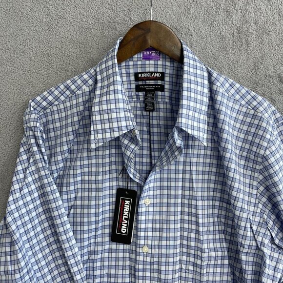 NEW Kirkland Signature Men's 17.5 Non-Iron Traditional Fit Dress Shirt Plaid - Picture 6 of 7